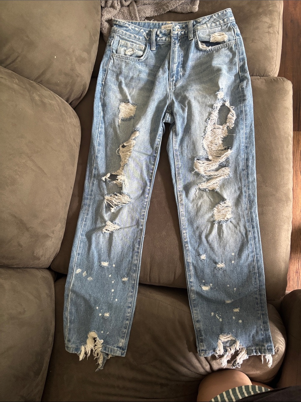 Flying Monkey Light Blue Distressed Straight-Leg Jeans with Paint-Splatter